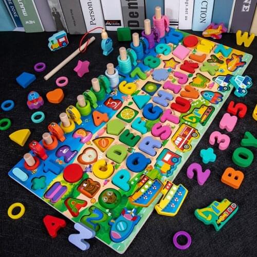 Wooden Montessori Number Letter Traffic Fishing Building Block Logarithmic Busy Board Preschool Educational Puzzle Children Toys