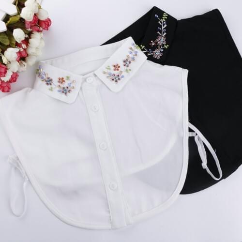 Elegant Women Neckline Chiffon Crystal Floral Shirt Fake Collar Cotton Rhinestone Bead Lapel False Detachable Collar Blouse Tops