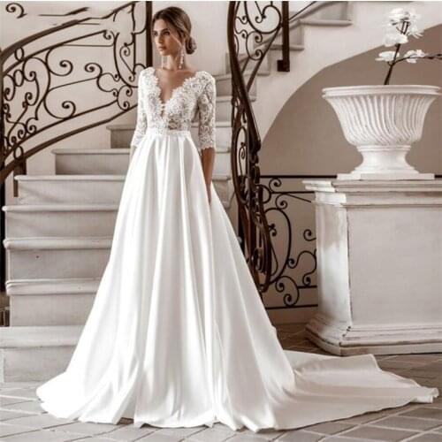 Sweep Train Satin V-Neck Elegant Half Sleeve A-Line Backless Wedding Dress vestido de noiva Bridal Dress Lace-Up Wedding Gowns