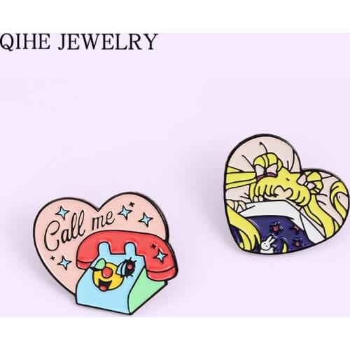 Calling my girl Enamel Pins Cartoon Anime Phone Heart Pink Brooches Custom Lapel Pin Badge Fashion Jewelry Gift for Friend
