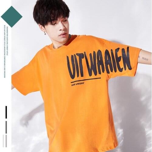 Mens New Street Hip-hop Loose Oversized Half-sleeved Cotton T-shirt Wide Side Sleeves Letter Printing Fashion Short Sleeves