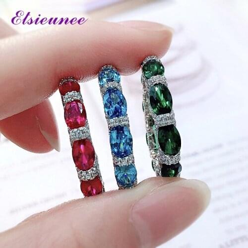 ELSIEUNEE 100% 925 Sterling Silver Round Circle Ruby Emerald Aquamarine Gemstone Wedding Engagement Ring Wholesale Fine Jewelry