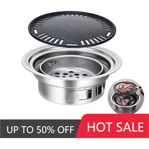 Stainless Steel Korean Charcoal Barbecue Grill Round Non-stick BBQ Grills Portable Charcoal Grill Family Outdoor BBQ Mini Stove