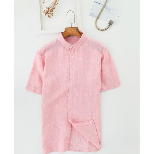 Summer Linen Shirt Men Houndstooth Pink Shirts Boys Plus Size Xxxl Short Sleeve Button Up Collar Shirt Social Party Casual Wear