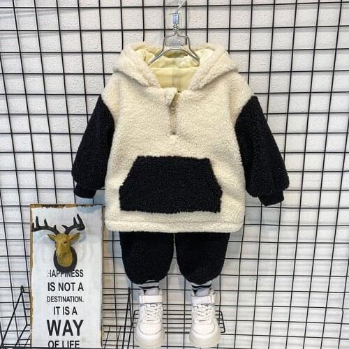 Cute Baby Boys Suit Winter hairy Hooded Sweatshirt Cartoon Panda Hoodie Warm plus velvet 2pcs Sets Toddler Babe boy girls Outfit
