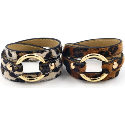 Layered PU Leather Wrapped Leopard Bracelets Bangles for Women Animal Print Punk Style Boutique Jewelry Wholesale