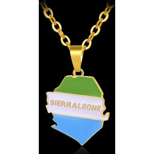 WANGAIYAO World Map Sierra Leone Africa Map Flag Pendant Necklace Stainless Steel Chain Mens and Womens Jewelry