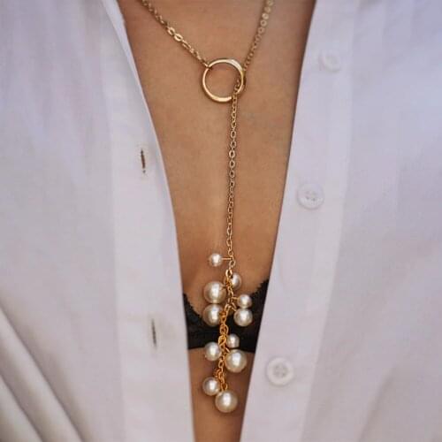 Sexy Lady Gold Long Pearl Pendant Necklace Bohemia Boho Beach Party Collar Jewelry Accessories Initial Chain Necklace for Women