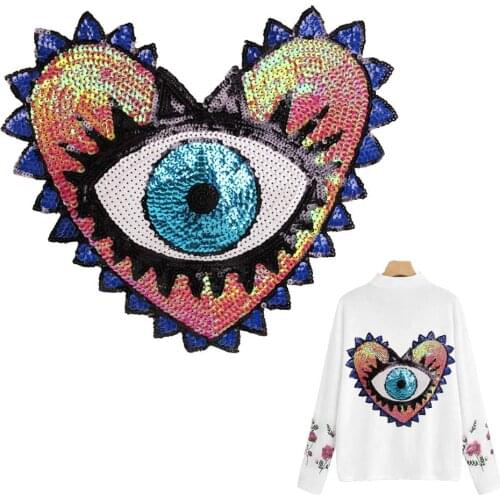 Sequins Patch for Clothes Coat Embroidery Patches Heart Eye Diy Clothing Stickers Sew on Embroidered Applique Patch DIY Handmade
