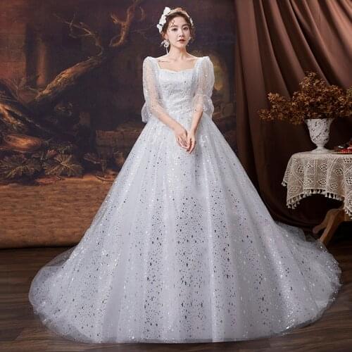 Square Collar Puff Sleeve Wedding Dress Star Pattern Princess Wedding Gowns 2 Colors Fairy Bride Dress Custom Made Suknia Slubna