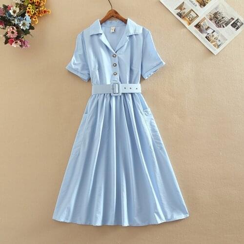 2021 Summer New Vintage Pleated Belt Dress Women Notched A-Line Short Puff Sleeve Midi Office Button Blue Pink Notched Dresses