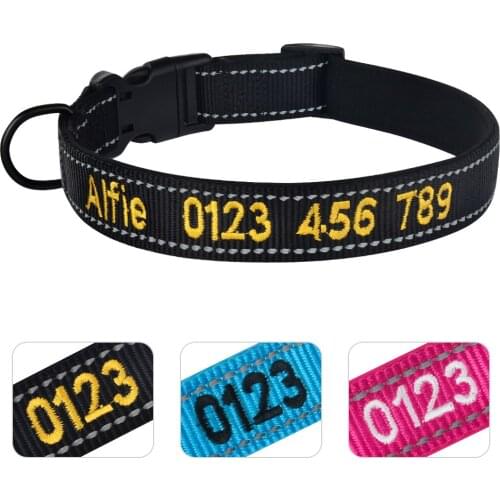 Adjustable Nylon Personalised Embroidered Dog Collar Puppy ID Collars Reflective