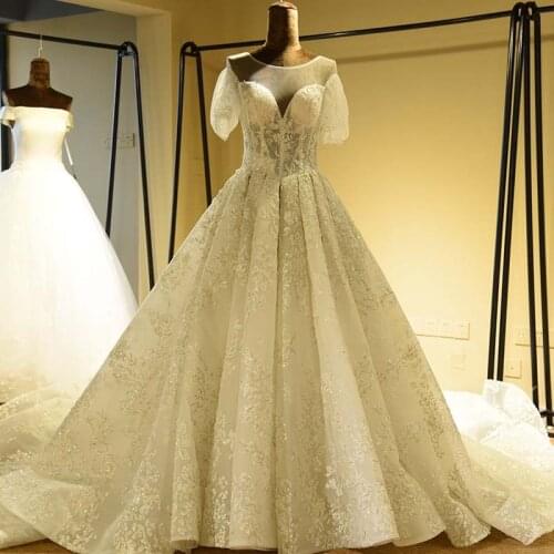 Luxury Beading Lace Wedding Dress Open Lace up Back Short Sleeve Appliques Wedding Gown Real Photo A-Line Bride Dress