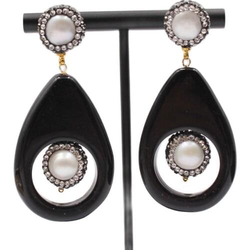 GG Jewelry Natural White Pearl CZ Paved Black Teardrop Onyx Dangle Pearl Stud Earrings For Women Lady Fashion Jewelry