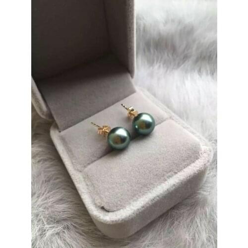 Genuine 9mm Real South Sea gray Pearl Earrings 14K Solid Yellow Gold