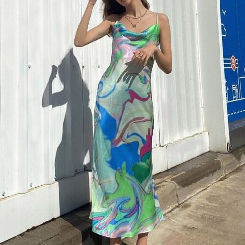 Silk Dress Ladies Summer Slim-fit Dress Adults Sleeveless Printed Cowl Neck Spaghetti Strap Dress woman summer 2021