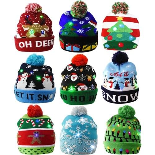 LED Christmas Hat Kids Adults Beanie Knitted Santa Hats Christmas Cap Xmas New Year Costumes Christmas Decoration Party Supplies