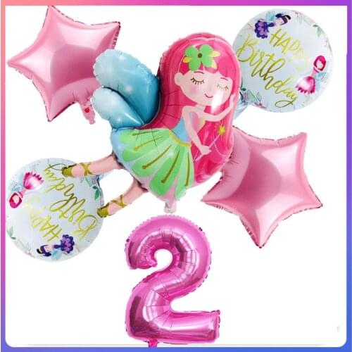 6pcs/set Little Fairy Girls Balloons 32 Inch Pink Number Ballon Girl 1 2 3 4 5st Happy Birthday Party Balloon Set Decortion