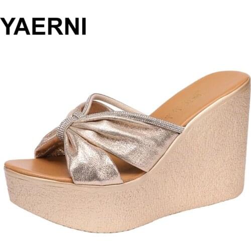 YAERNI Big Size 34-43 High Heels Shoes Summer Slippers Wedding 2021 Rhinestone Sexy Open Head Platform Wedges Slides Slippers