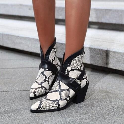 PXELENA Vintage Ethnic Women Ankle Boots Snake Print Plaid Chunky High Heels Western Cowboy Short Boots 2020 New Plus Size 34-43