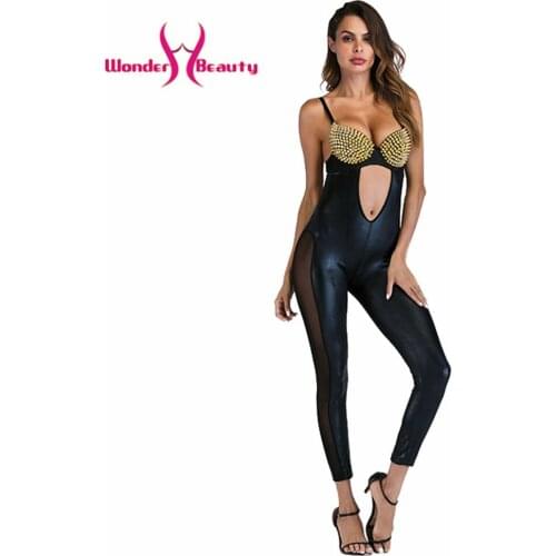 Gothic Rivet Wetlook Catsuit Sexy Women Sleeveless Backless Faux Leather Jumpsuit Erotico Club Pole Dance Costume Vinyl Bodysuit