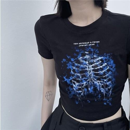 90s vintage short-sleeved T-shirt female gothic Harajuku grunge graphic print y2k aesthetic crop top summer slim punk streetwear