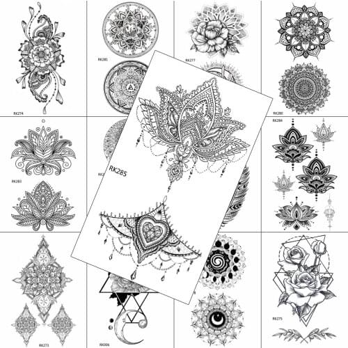 Black Henna Realistic Temporary Tattoos Paper Body Art Arm Chest Tattoos For Women Chains Fake Jewelry Washable Tattoos Sticker