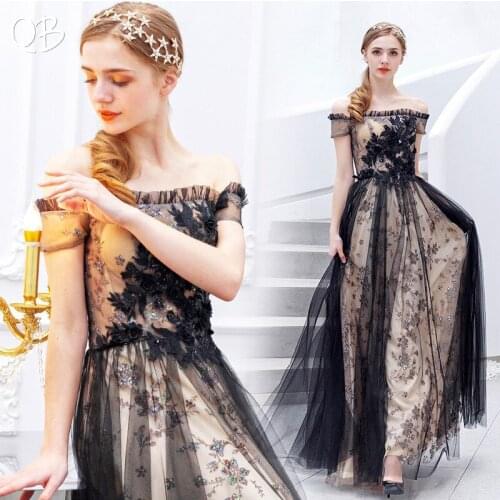 Black Champagne A-line Tulle Lace Flowers Long Elegant Evening Dresses 2020 New Fashion Formal Evening Gowns XH405