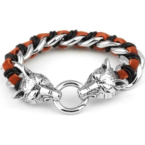 Fine Jewelry Two Wolf Heads Stainless Steel Leather Mens Bracelet Male Brown Genuine Leather Weaved Animal Wolf Bracelet Gift