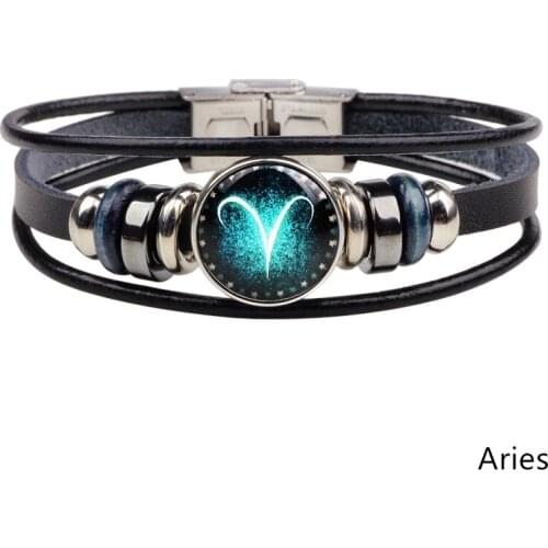 Janeyacy 12 Constellations Bracelet 2017 New Fashion Jewelry Leather Bracelet Men Casual Personality Zodiac Signs Punk Bracelet