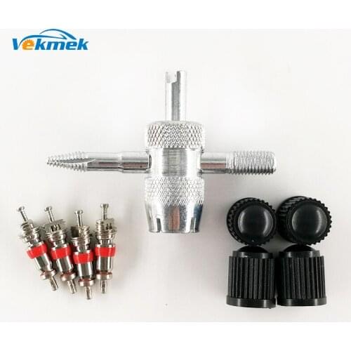 Wholesale 10 Sets Tire Valve Service Kit 4 Valve Cores 4 Valve Caps 1 Four Way Metal Valve Tool Screwdriver tire repair tool