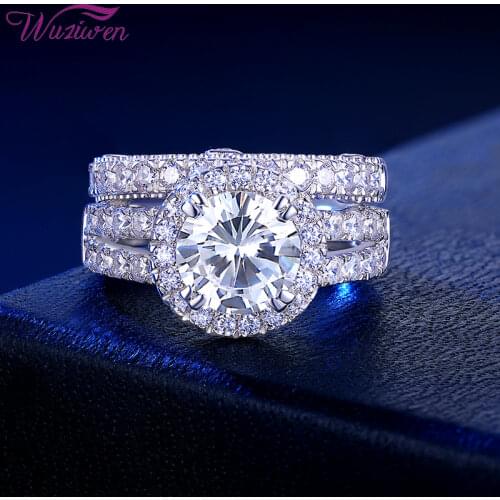 Wuziwen 2 Pcs Wedding Ring Set For Women Halo Brilliant Round Cut CZ Simulated Diamond 925 Sterling Silver Engagement Rings