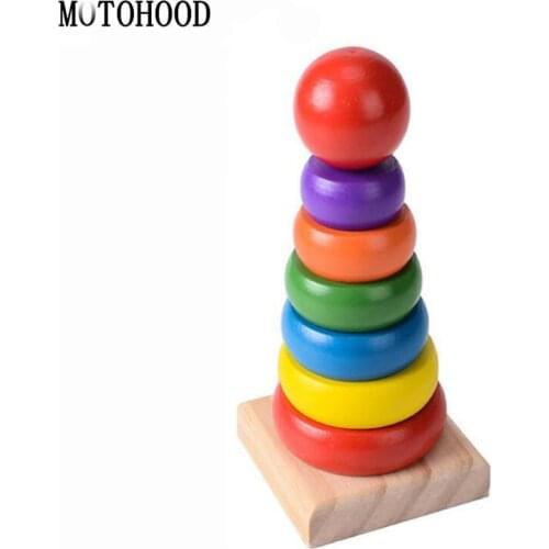 MOTOHOOD Rainbow Tower Colorful Enlighten Wood Toys For Kids Models Building Blocks Round Wooden Toys Geometric Assembling Block