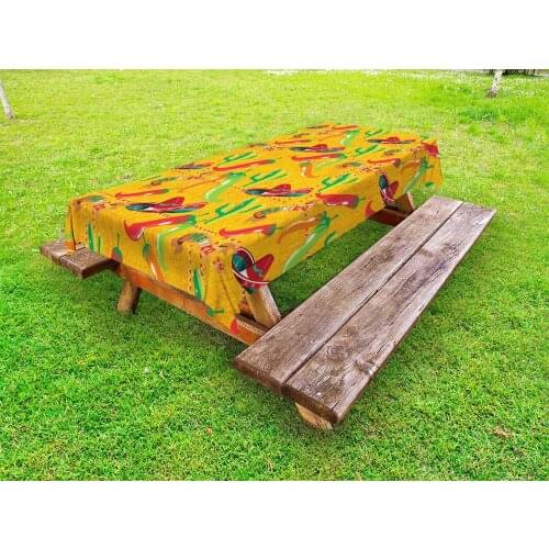 Mexican Outdoor Tablecloth,Cactus Hat and Chili Pepper Pattern Over Grunge Background Print