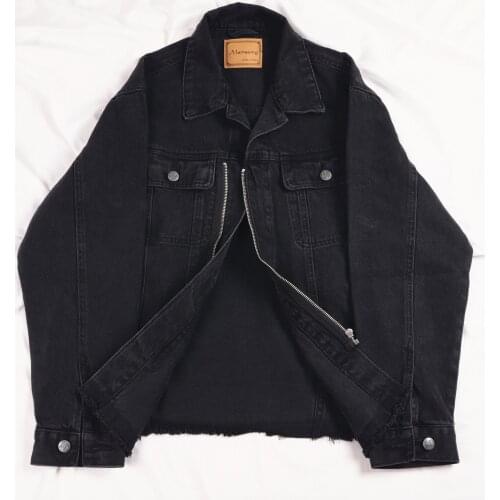 Fashion Black Denim Jacket Coat Women Burrs Hem Zipper Outerwear Chaqueta Mujer Spring Autumn Loose Casual Jeans Jackets Female