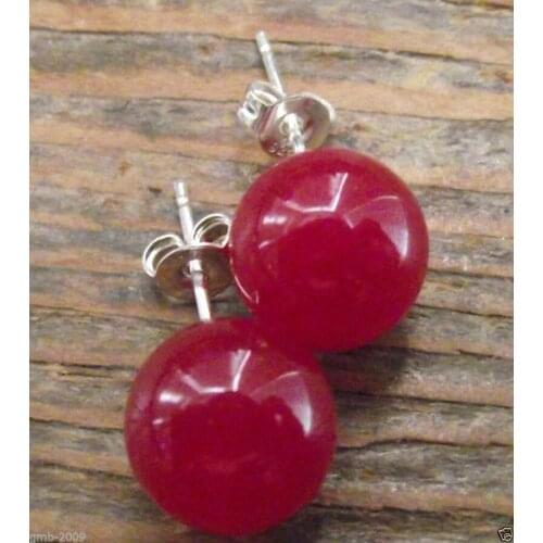 Fashion Handmade 10mm Red Jade Ruby Round 925 Sterling Silver Stud Earrings