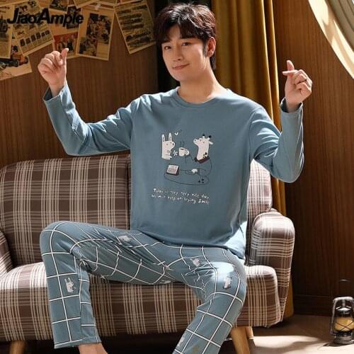 Mens Pajamas Spring Autumn Cotton Plus Size Casual Long-sleeved Trousers Pijamas Two-piece 2021 New Cute Cartoon Sleepwear Set