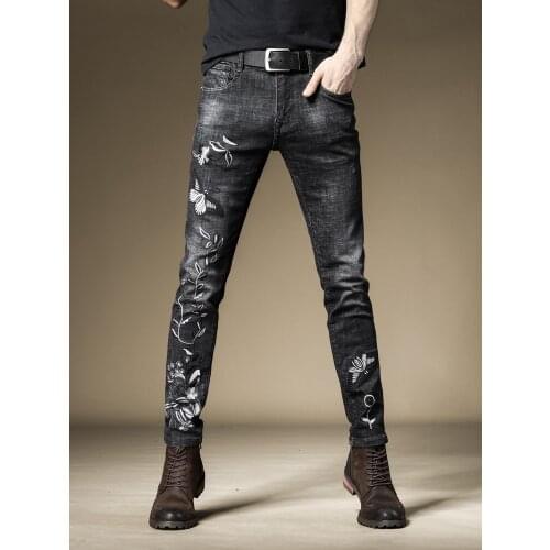 Free Shipping New 2019 mens male black Embroidered jeans slim pants classical art Chinese style embroidery denim trousers