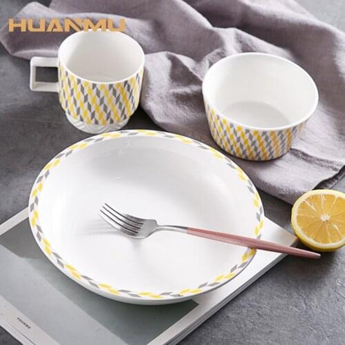 Ceramic Tableware Set Rhombus Grid Household Bowl Plate and Coffee Mug Set Breakfast One Person Fruit Steak Plate Tableware Suit
