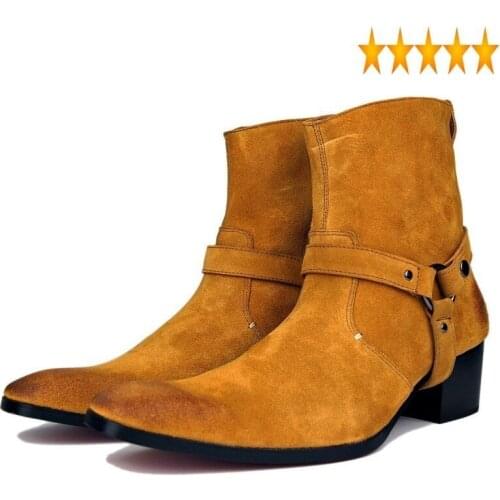 Toe Plus Size 47 Pointed Cowboy Men Fashion Brand Genuine Cow Suede Leather Buckle Motorcycle Boots Safety Botas Hombre