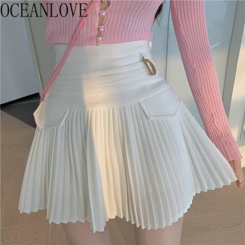 OCEANLOVE Pleated Skirts Solid A-line High Waist Sweet 2021 Spring Summer Mujer Faldas Retro Sexy Korean Fashion Woman Skirts