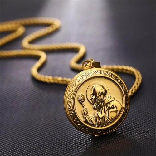 Religious San Benito Medal Pendant Stainless Steel St. Benedict Can Open Photo Frame Necklaces Pendants Vintage Catholic Jewelry