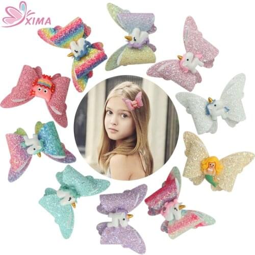 XIMA 10pcs/lot 3inch Butterfly Unicorn Hair Clip Party Supplies Sequin Bow Hairpins Unicorn Hair Accessories for Party
