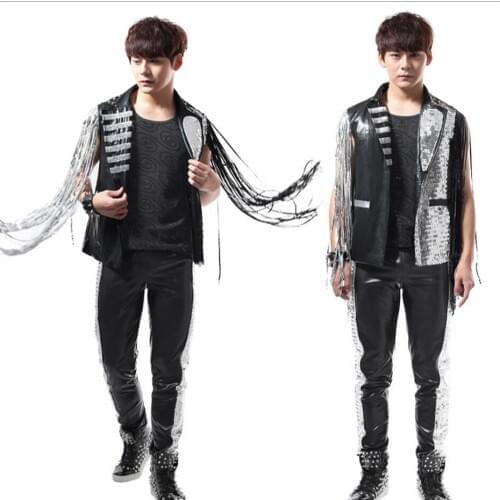 S-4xl 2020 New Men Dj Punk Tassel Silver Paillette Vest Coat Ds Clothes Nightclub Leather Clothing Costume Singer Stage Costumes