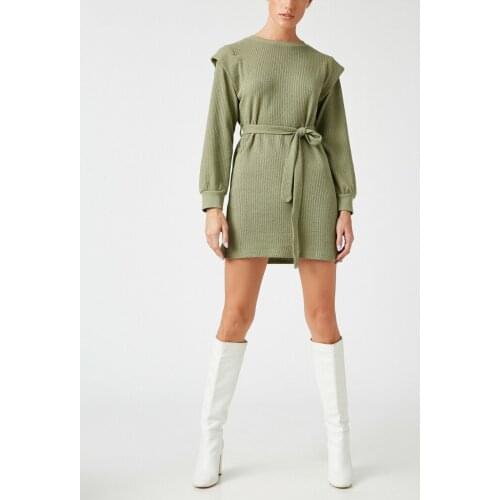 Long Sleeve Short Dress with Shoulder Detail With Belt knitwear dress ecru - khaki 5colors new season winter/autumn