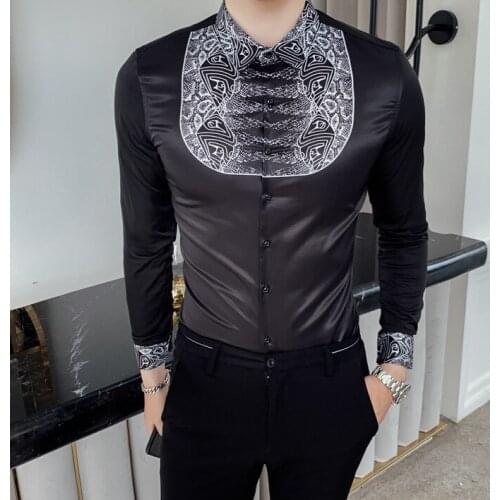 Luxury design Shirt 2019 Autumn Baroque Men Shirt Long Sleeve Patchwork Casual Shirt Men Slim Fit Print Party