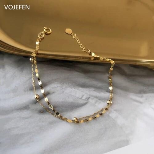 VOJEFEN AU750 Real Gold Bracelet 18K Gold Double Layer Tiny Ball Link And Lips Gold Chain Bracelet Wrist Fine Jewelry for Women