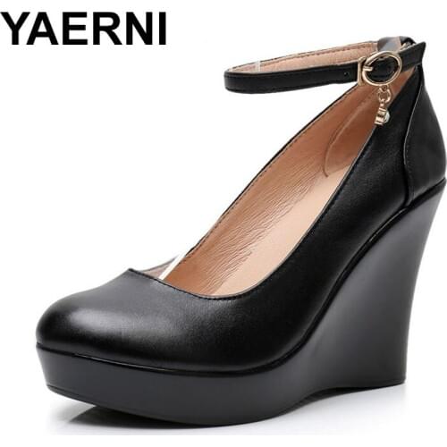 YAERNI Fashion Ankle Strap High Wedge Platform Pumps For Women Casual Genuine Leather Black Work Shoes High Heels