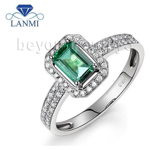 LANMI Fine Jewelry Emerald Cut 4x6mm Natural Emerald Gemstone 18K White Gold Columbian Emerald Rings Diamond Engagement Ring