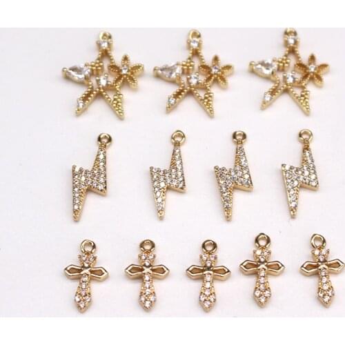 2pcs Shiny Crystal Lightning Cross Pentagram Earring Charms Hollow Golden Flower Bracelets Necklace Pendant Jewelry Make C187